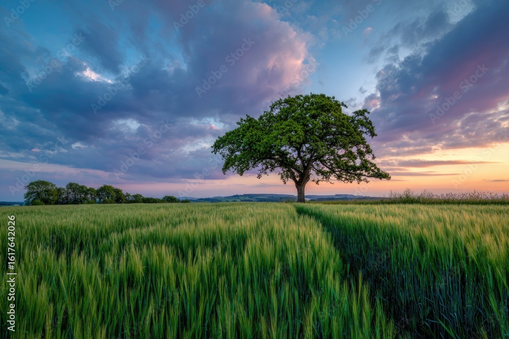 Obraz premium A solitary tree in a golden wheat field at sunset (1)