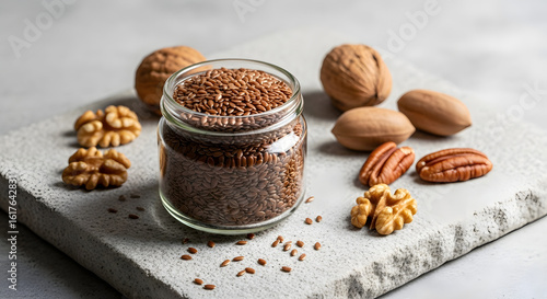 A jar of flaxseed with walnuts and pecans on a gray surface