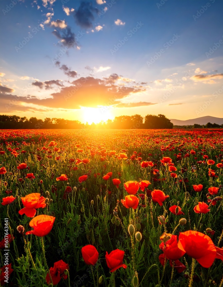 Fototapeta premium Lush poppy field at sunset