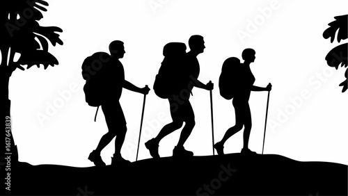 Silhouette of three hikers with backpacks and trekking poles walking through a nature landscape scene