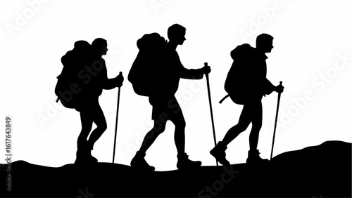 Silhouette of three hikers with backpacks and trekking poles walking uphill against a white background scene