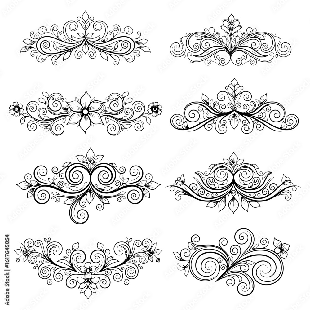 Naklejka premium Collection of Black Swirling Floral Ornament Designs