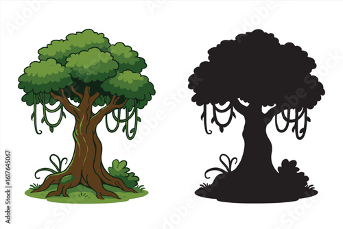 Jungle Tree Cartoon Vector with Silhouette, Tropical Forest Tree Clipart with Leaves for Educational Use, Animation Assets, Game Design, and Printable Nature Projects