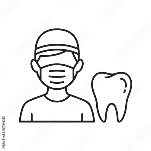 Dentist icon with doctor and tooth for dental care and oral health clinic representing professional stomatology and medical treatment service line vector stroke