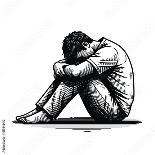 Engraving-style vector illustration depicts a young boy sitting with his head buried in his knees, conveying profound sadness, depression, and emotional distress in a stark black and white style.