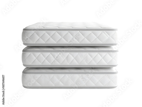 Three white quilted mattresses stacked vertically.  Each mattress has a diamond-pattern quilting and a subtle border.  Clean, simple image