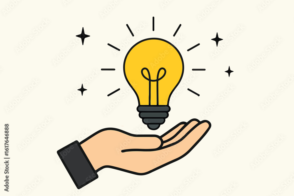 Creative Light Bulb in Hand Illustration, Bright Idea Concept with Sparkles, Minimal Flat Style Doodle for Innovation, Business Startups, Motivation Posters, Educational Graphics, and Presentations
Creative Light Bulb in Hand Illustration, Bright Idea Concept with Sparkles, Minimal Flat Style Doodle for Innovation, Business Startups, Motivation Posters, Educational Graphics, and Presentations