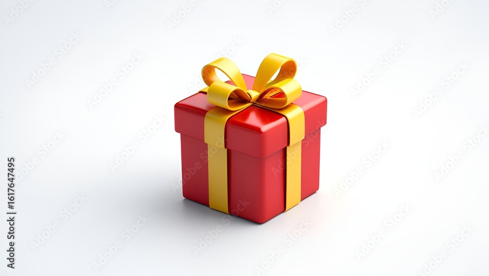 Obraz premium A vibrant red gift box tied with a cheerful yellow ribbon, against a clean white background.