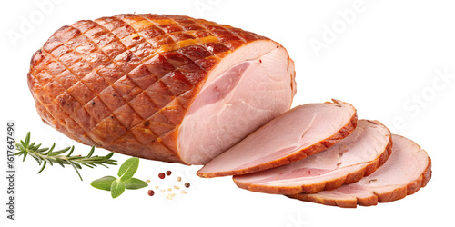 Juicy, sliced glazed ham with fresh rosemary and peppercorns, perfect for holiday feasts and gourmet meals