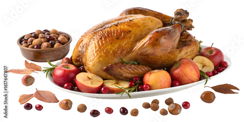 Succulent roasted turkey centerpiece with fresh apples, cranberries, nuts, and autumn leaves for a perfect holiday feast