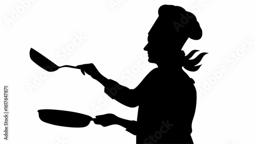 Silhouette of a chef in uniform flipping food in a pan with a spatula on a white background image art