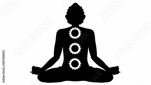 Silhouette of person in lotus position with three chakra symbols aligned vertically on the body shown