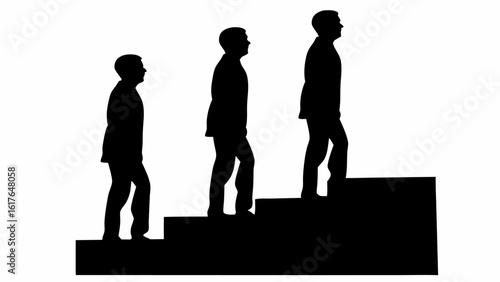 Silhouette illustration of three men walking up a staircase in succession on a white background view from side