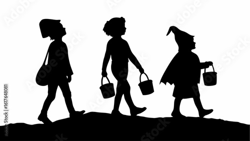 Silhouette of three children trick or treating in costumes with buckets on a black and white background