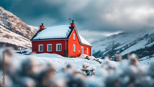 A cozy red cabin roof peeks through a soft dusting of snow, nestled beneath a moody, cloud-filled sky.