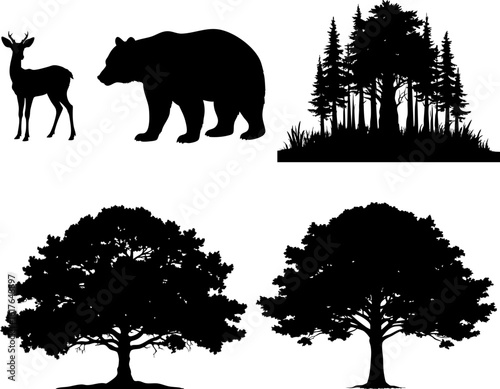 Illustration of various forest animal and tree silhouettes, symbolizing nature, wildlife, and natural environment.