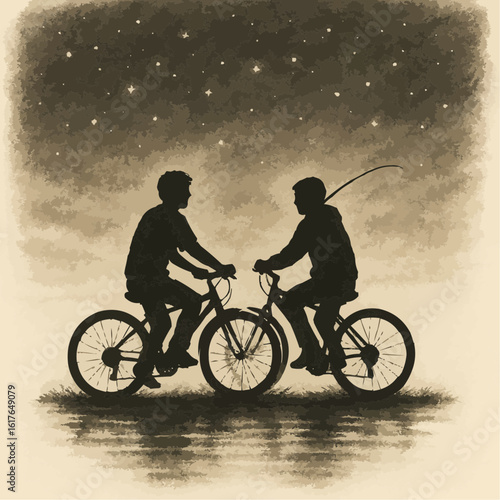 Sunset silhouette of a couple cycling on mountain bikes, enjoying the outdoor adventure
