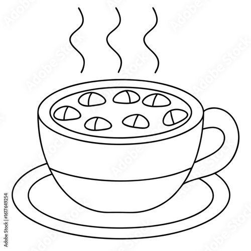 Steaming hot chocolate with pumpkin marshmallows in cup on saucer cocoa