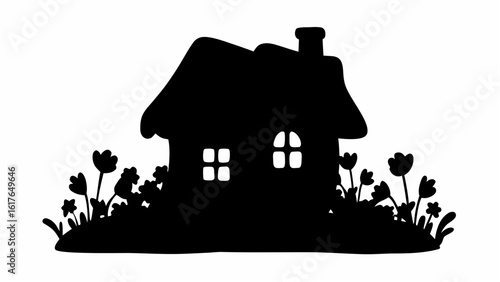 Silhouette of a small house with chimney and windows surrounded by flowers and grass in black and white