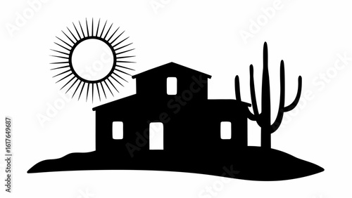 Silhouette of a building with windows next to a cactus under a sun with radiating lines in black and white