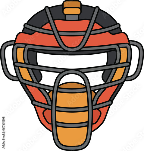 A vibrant illustration of a baseball catcher's protective mask.