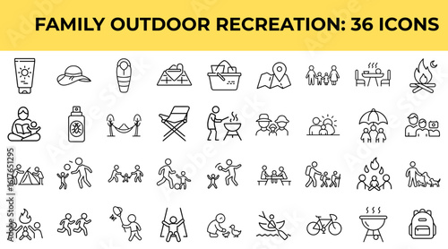 Family outdoor recreation icons set featuring various activities and symbols  