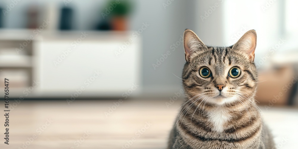 Naklejka premium A close-up of a tabby cat with wide eyes sitting indoors, with a blurred background of a modern living room.