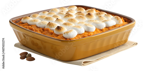 Indulge in creamy sweet potato casserole topped with perfectly toasted marshmallows, a classic holiday dessert delight.