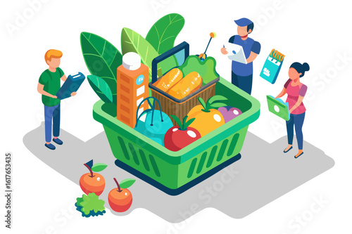 Isometric Illustration of People Shopping with a Full Grocery Basket of Food and Other Items, Using Technology to Shop