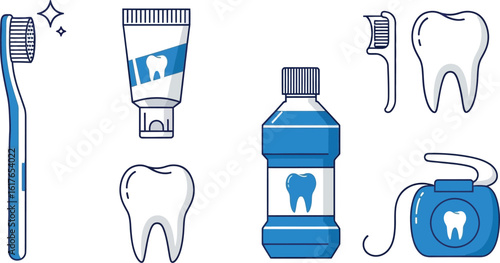 A collection of dental hygiene icons including a toothbrush, toothpaste, mouthwash, dental floss, and teeth, isolated on white background