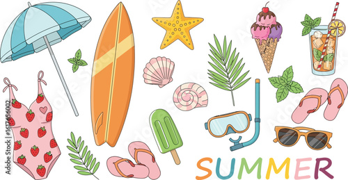A collection of summer vacation items including a swimsuit, surfboard, umbrella, and ice cream isolated on white