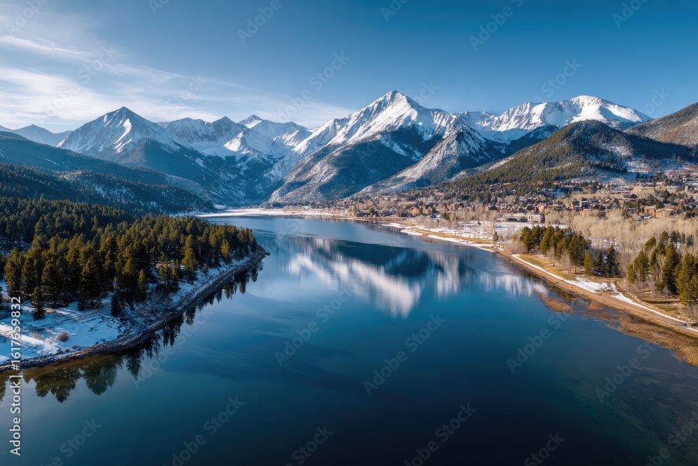 Panoramic winter mountain lake vista Panoramic winter mountain lake vista