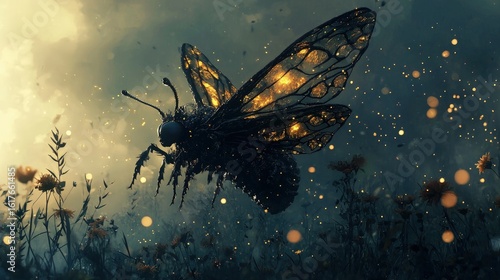 A stylized insect with glowing wings in a twilight field.
