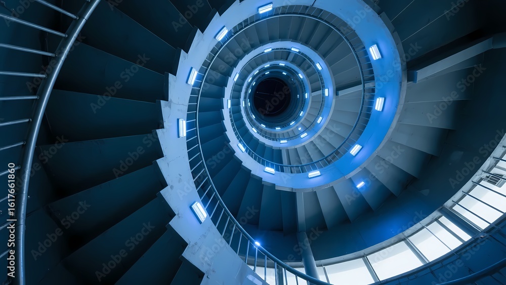 Fototapeta premium Spiral staircase with architectural lighting, showcasing spatial aesthetic scene.