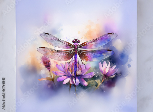 Watercolor painting of a dragonfly and flowers with a soft, dreamy background. Delicate wings and floral details create a serene and artistic image.