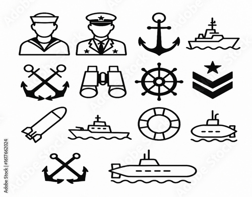 Minimalist Navy Icons – Military and Maritime Line Vector Set