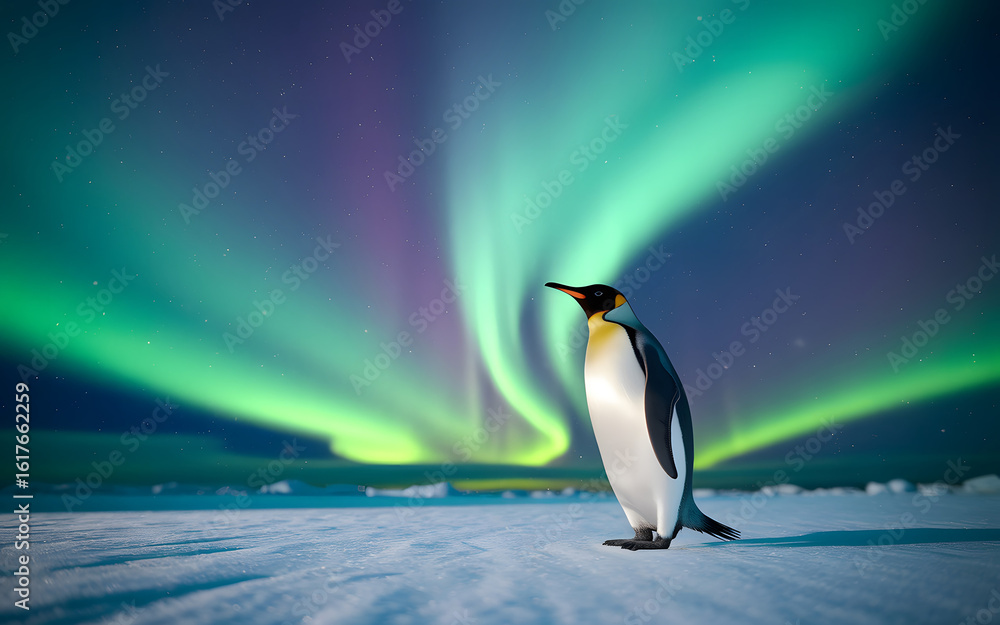 Fototapeta premium Majestic Emperor Penguin Under a Stunning Aurora Borealis Display. AI Generated 