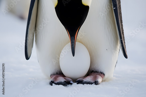 Emperor Penguin Protecting Its Egg on Snowy Antarctic Ground. AI Generated 