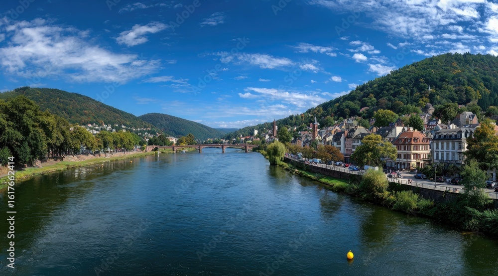 Fototapeta premium Panoramic river view of a town nestled in hills