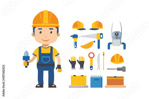 Cartoon construction worker with tools and safety equipment on a black background
