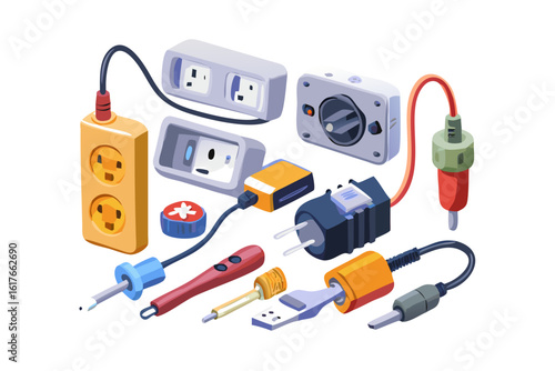 Collection of electrical connectors adapters and power strips on a black background