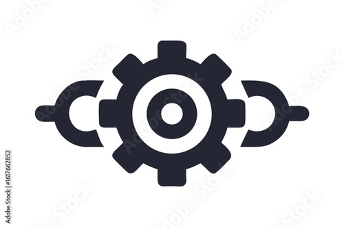 Dark gray gear icon with circular elements on a black background