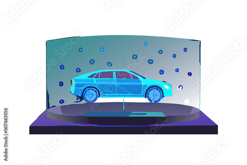 Futuristic blue car presented on a holographic display with glowing particles