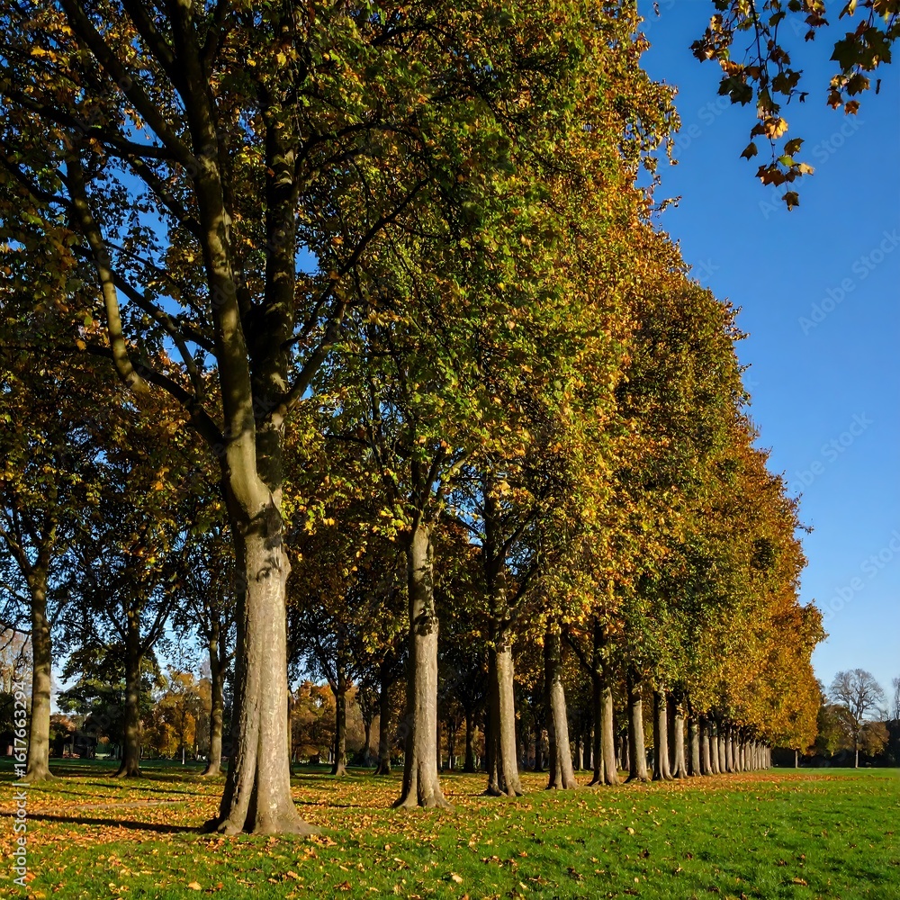 Naklejka premium Autumnal tree line in park