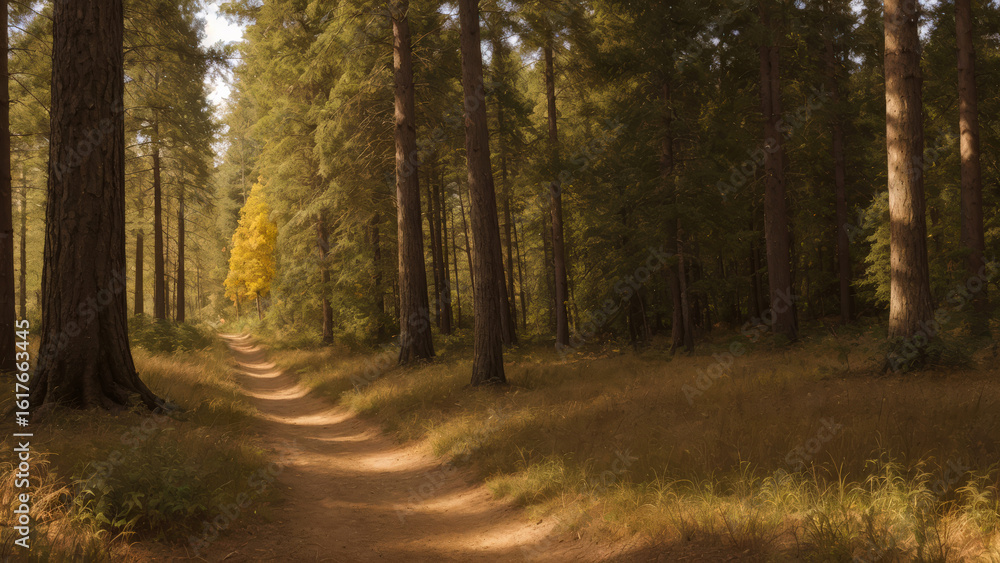 Fototapeta premium Empty walking path in old forest. Warm summer day, sun rays are breaking through treetops and illuminating path into Woods. Copy space for text.