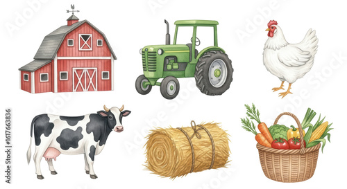 A charming collection of watercolor style farm elements including a red barn, green tractor, cow, chicken, hay bale, and a basket of fresh produce, perfect for agricultural themes.