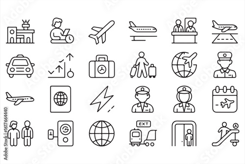 Vector Icons of Airports, Flights, and Luggage in Clean Line Art Style