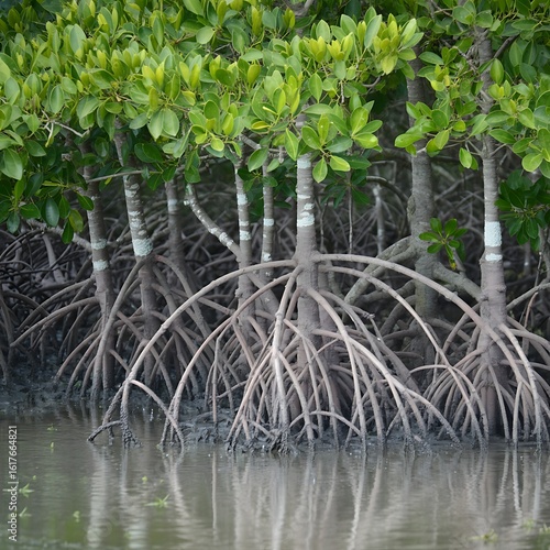 Mangrove forest prop roots in calm water saltwater