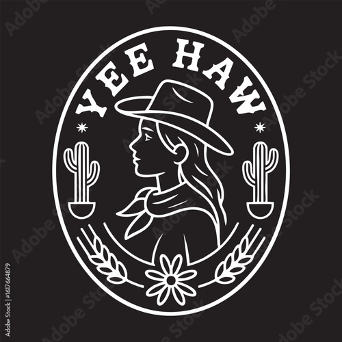 Black and white emblem of a woman in a cowboy hat with cacti and wheat western yee haw