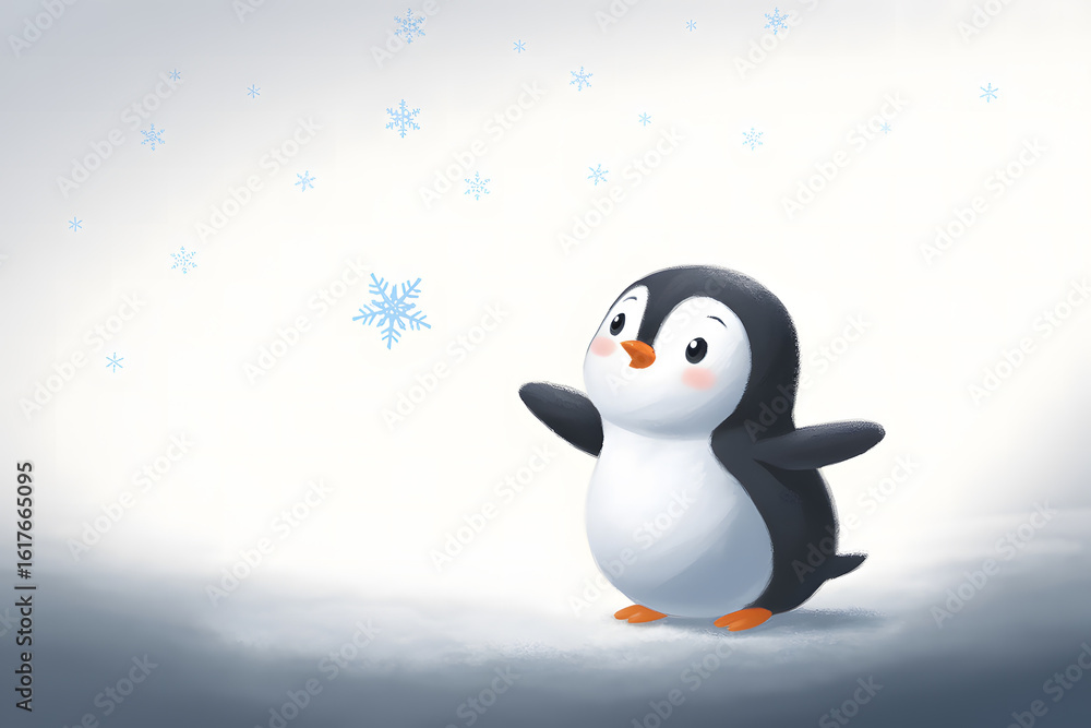Obraz premium Cute Penguin Observing Falling Snowflakes in Winter Wonderland. AI Generated 